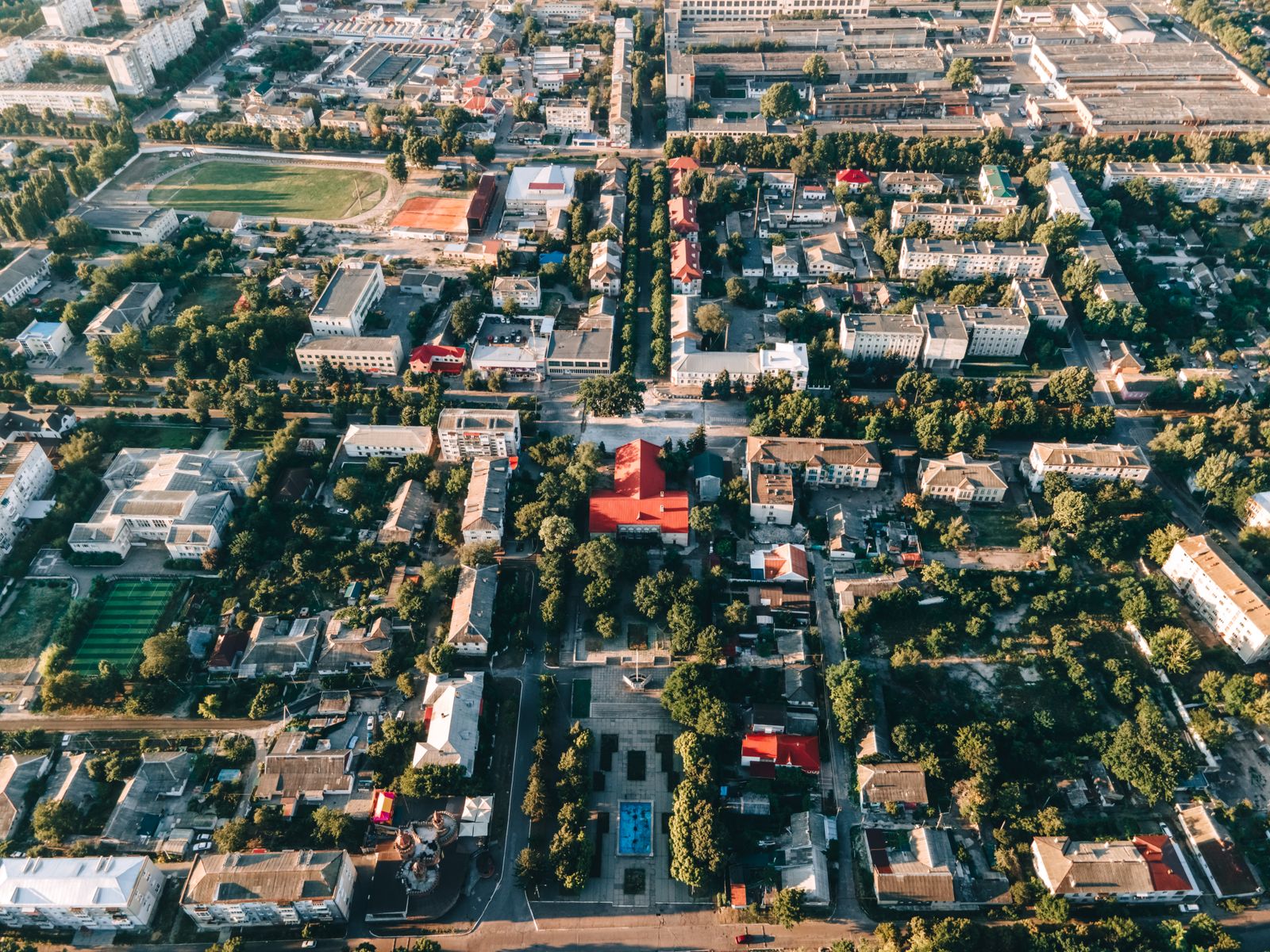 Aerial view of Triangle area rooftops and streets in the Voltaic Energy Systems service territory
