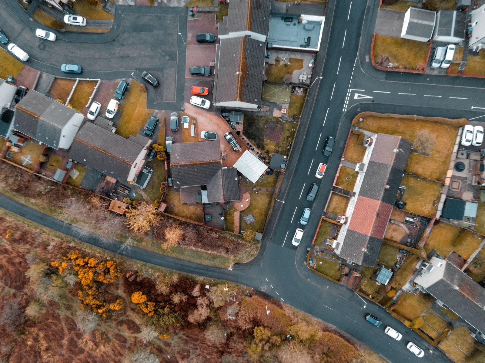 Aerial view of Triangle area streets and rooftops
